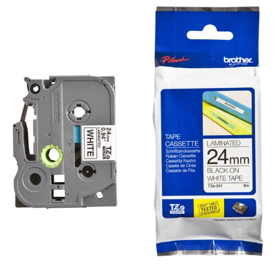Brother TZE-251 24 mm Beyaz Üzeri Siyah Laminasyonlu Etiket resmi