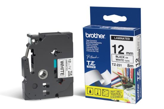 Brother TZE-231 12 mm Beyaz Üzeri Siyah Laminasyonlu Etiket resmi