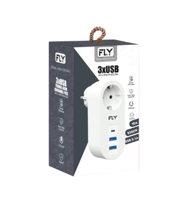 FLY-3400-01 Akım Korumalı.1 li Priz 2-Usba 1-C Soket 2.1A 10A 2500W resmi
