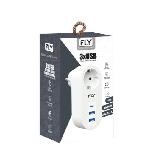 FLY-3400-01 Akım Korumalı.1 li Priz 2-Usba 1-C Soket 2.1A 10A 2500W resmi