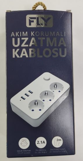 Fly 3406-01 3lü Anahtarlı 2.1A 3Usb Şarj Çıkışı 2mt Anahtarlı  Akım Korumalı Priz Çocuk Koruması resmi