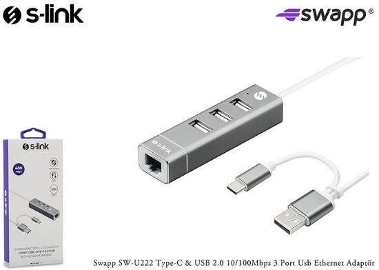 S-link Swapp SW-U222 Type-c Usb 2.0 10-100mbps 3 Port Usb Ethernet Adaptör resmi