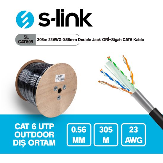 S-link SL-CAT609 305m 23AWG 0.56mm CCA Double Jack GRİ+Siyah Dış Mekan resmi