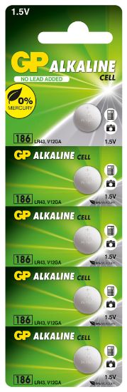 GP GP186-C5 LR43 AG12 Alkalin Düğme Pil 5'li Paket resmi