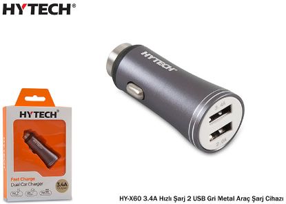 Hytech HY-X60 3.4A Hızlı Şarj 2 USB Gri Metal Kablo resmi