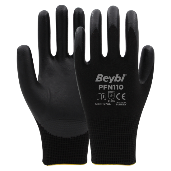 PFN110 9 Beden Siyah Polyester Örgü Üzeri ½ Köpük Nitril Kaplı Eldiven 12li Paket En388 (3131X) resmi