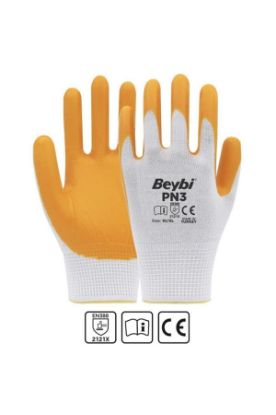 Beybi PN3 Beyaz Sarı 9 Beden Polyester Örme Nitril Eldiven 12li Paket EN388 (2121X) resmi