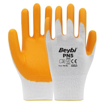 Beybi Nitril PMK PN5 Beyaz Sarı Örme Polyoster Nitril 10 Beden 12li Paket EN388 (3121X) resmi