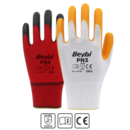 Beybi PN3 Beyaz Sarı 10 Beden Polyester Örme Nitril Eldiven 12li Paket EN388 (2121X) resmi