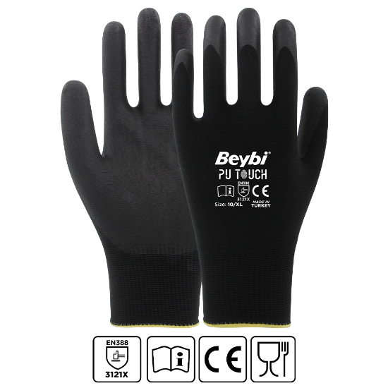 Beybi 7 Beden 12li Paket  Poliüretan Kaplı Pu Touch Siyah Montaj Eldiven  EN388 (3121X)  resmi