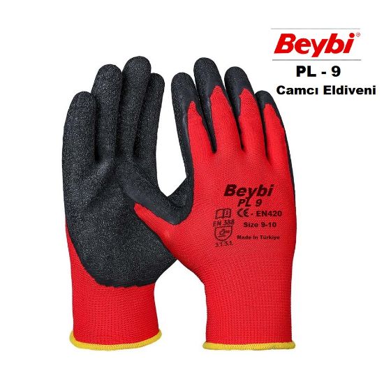 Beybi Nitril Poly PL9 9 Beden Kırmızı Siyah İş Eldiveni 12li Paket Camcı Eldiveni resmi