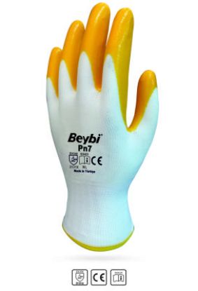 Beybi Nitril Poly PN7 9 Beden Beyaz Sarı Eldiven 12li Paket  resmi