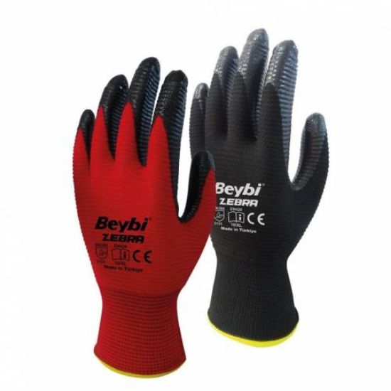 Beybi Nitril Poly PNzebra 9 Beden Kırmızı Siyah  Eldiven 12li Paket EN388 (3131X) resmi