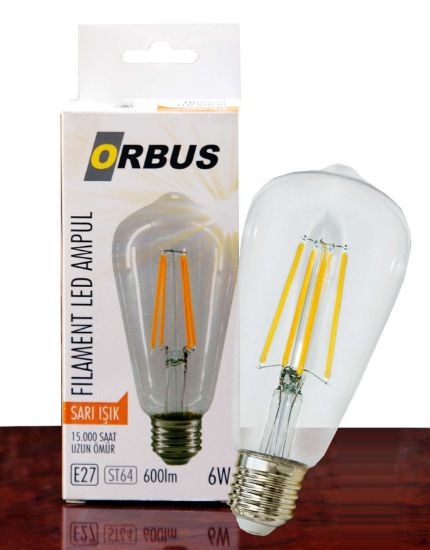 Orbus ORB-STM6W ST64 6W E27 Beyaz Cam Sarı Işık Dekoratif 540 Lm Led Ampul Ra80 220-240V/50Hz resmi