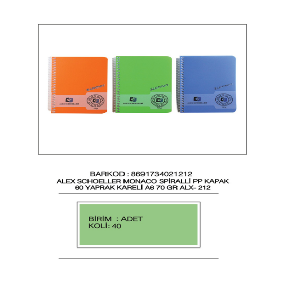 Alex Schoeller Spiralli  Defter Plastik Kapak Kareli 60 YP A6 ALX:212 (12 Adet) resmi