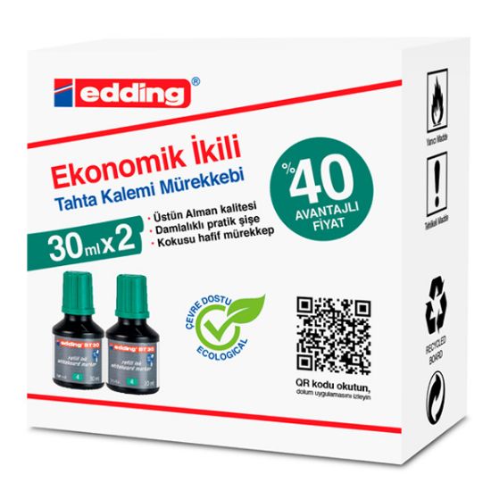 Edding Tahta Kalem Mürekkebi Damlalıklı Ekonomik 30 ML Yeşil 2 Li BT30 resmi