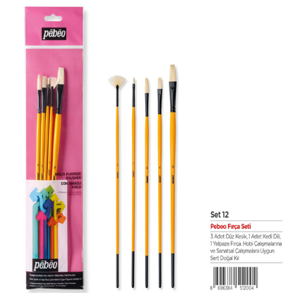 Pebeo Fırça Seti Beyaz Brıstel Kıl Uzun Sap No:2-6-8-12+Yelpaze Fırça No:2 5 Lİ SET-12 resmi