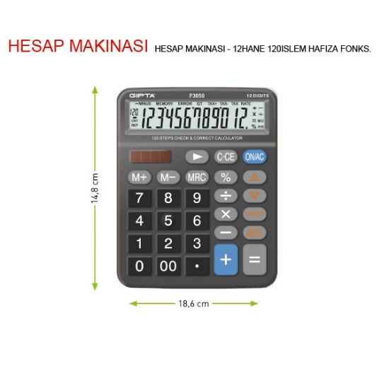 Gıpta Hesap Makinesi 12 Hane 120 İslem Hafıza Fonks F3050 resmi