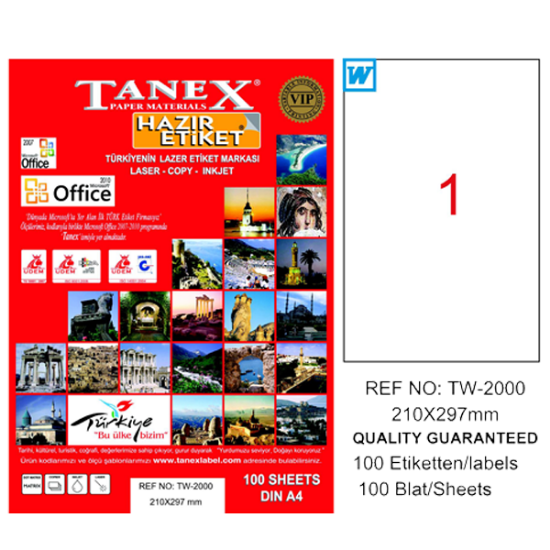 Tanex Laser Etiket 100 YP 210x297 Laser-Copy-Inkjet TW-2000 resmi