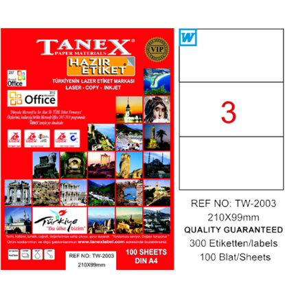 Tanex Laser Etiket 100 YP 210x99 Laser-Copy-Inkjet TW-2003 resmi