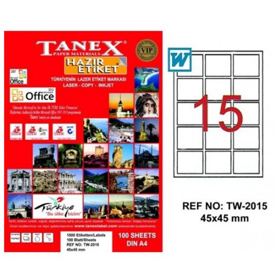Tanex Laser Etiket 100 YP 45x45 Laser-Copy-Inkjet TW-2015 resmi