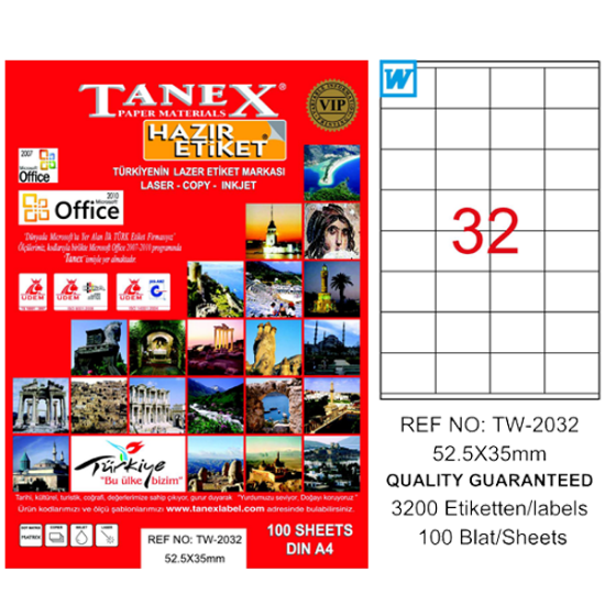 Tanex Laser Etiket 100 YP 52.5x35 Laser-Copy-Inkjet TW-2032 resmi