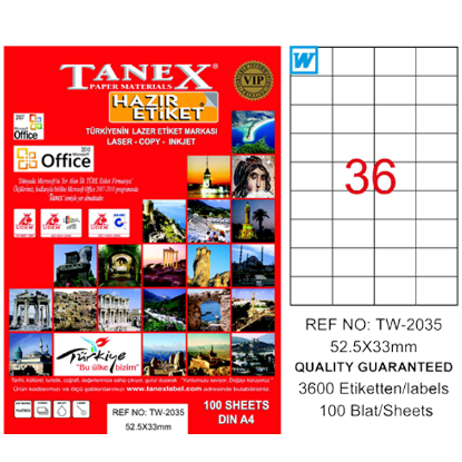 Tanex Laser Etiket 100 YP 52.5x33 Laser-Copy-Inkjet TW-2035 resmi
