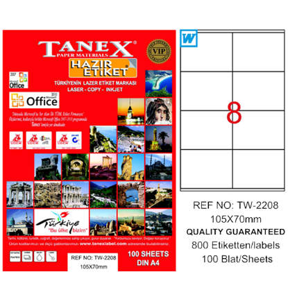 Tanex Laser Etiket 100 YP 105x70 Laser-Copy-Inkjet TW-2208 resmi