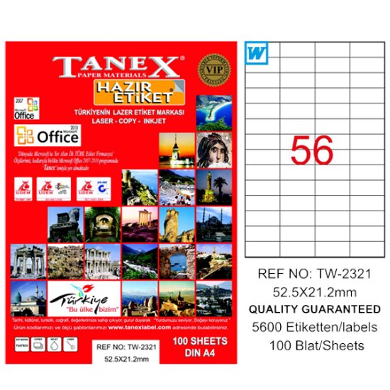Tanex Laser Etiket 100 YP 52x21 Laser-Copy-Inkjet TW-2321 resmi