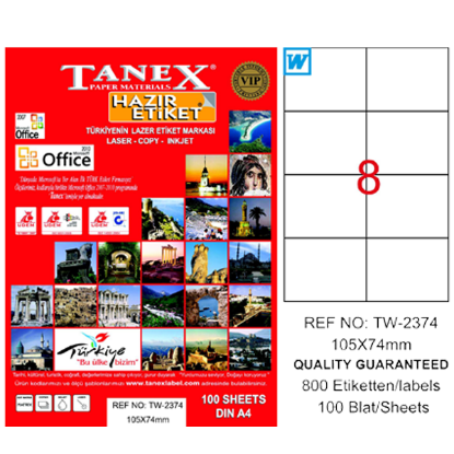 Tanex Laser Etiket 100 YP 105x74.25 Laser-Copy-Inkjet TW-2374 resmi
