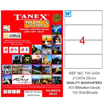 Tanex Laser Etiket 100 YP 210x74.25 Laser-Copy-Inkjet TW-2404 resmi