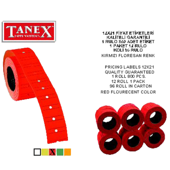 Tanex Fiyat Etiketi Çizgili 12x21 Fosforlu Kırmızı (6 Adet) resmi