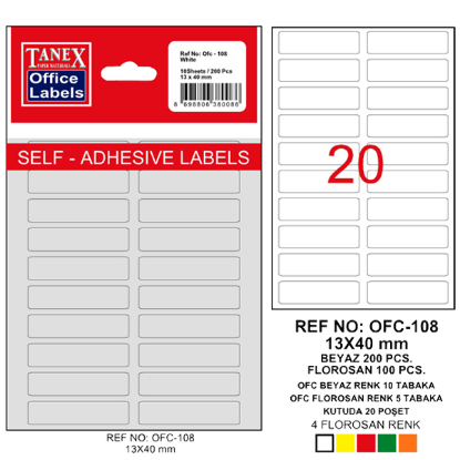 Tanex Ofis Etiketi Poşetli 13x40 MM Beyaz OFC-108 (10 Adet) resmi