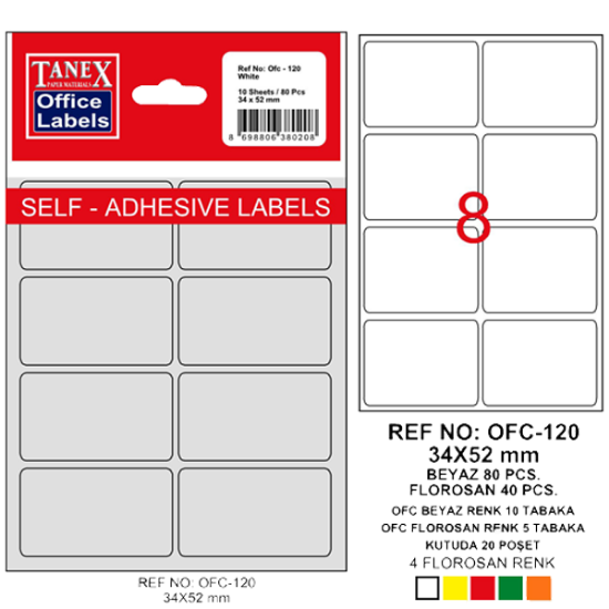 Tanex Ofis Etiketi Poşetli 34x55 MM Beyaz OFC-120 (10 Adet) resmi