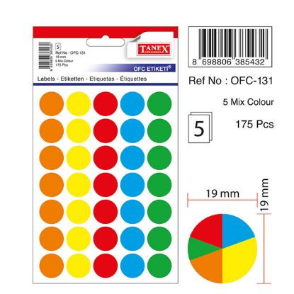 Tanex Ofis Etiketi Poşetli Yuvarlak 19 MM Mix Color OFC-131 (10 Adet) resmi