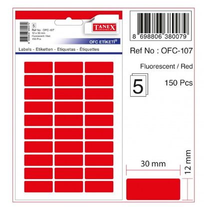 Tanex Ofis Etiketi Poşetli 12x30 MM Fosforlu Kırmızı OFC-107 (10 Adet) resmi