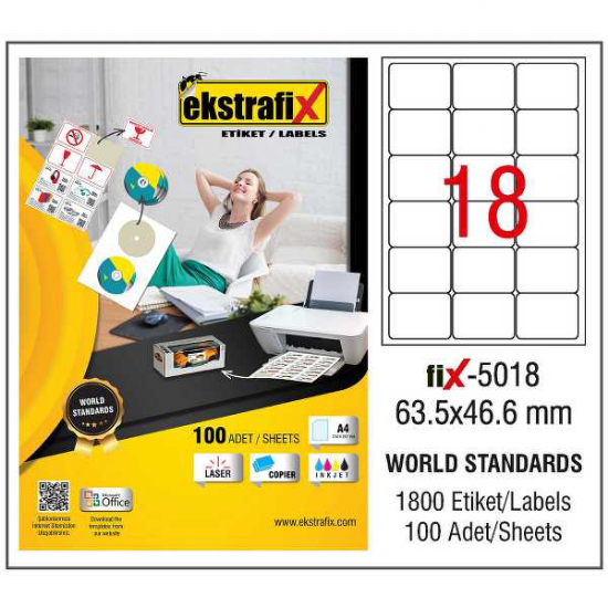 Ekstrafix Laser Etiket 100 YP 63.5x46.6 Laser-Copy-Inkjet FİX-5018 resmi