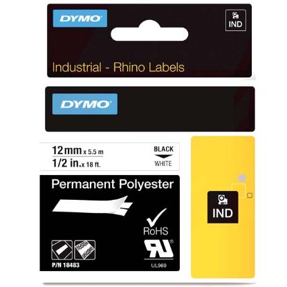Dymo Rhino Pro Etiketi Plastik Sabit 12 MMx5.5 MT Beyaz Üzerine Siyah 18483 resmi