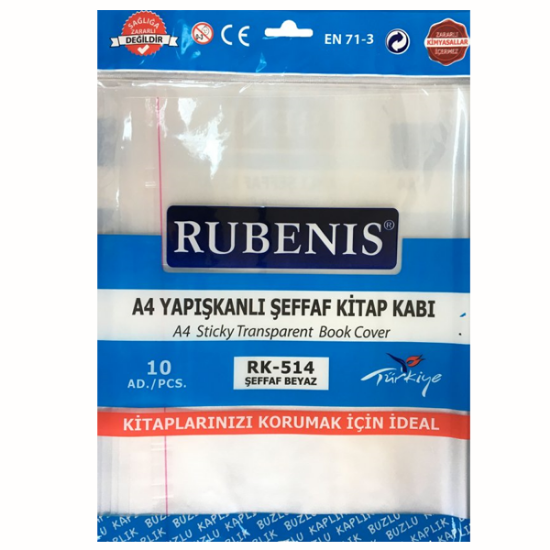 Rubenis Hazır Kaplık Kitap Kabı Yapışkanlı 10 Lu A4 Şeffaf Beyaz RK-514 (10 Adet) resmi