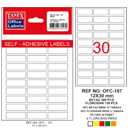 Tanex Ofis Etiketi Poşetli 12x30 MM Beyaz OFC-107 (10 Adet) resmi