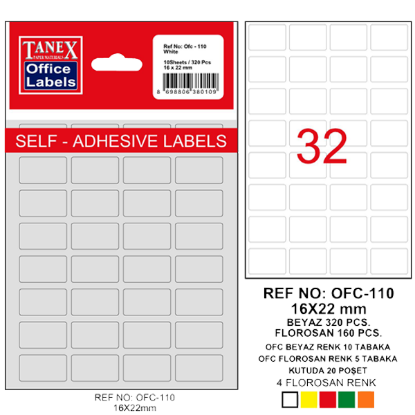 Tanex Ofis Etiketi Poşetli 16x22 MM Beyaz OFC-110 (10 Adet) resmi