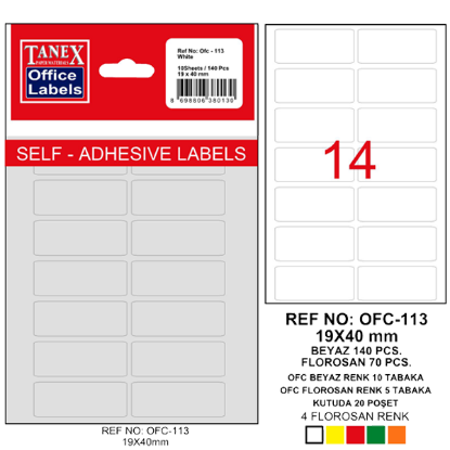 Tanex Ofis Etiketi Poşetli 19x40 MM Beyaz OFC-113 (10 Adet) resmi