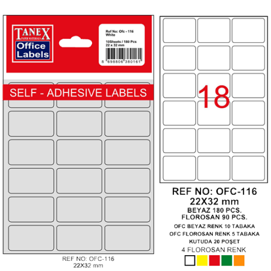 Tanex Ofis Etiketi Poşetli 22x32 MM Beyaz OFC-116 (10 Adet) resmi