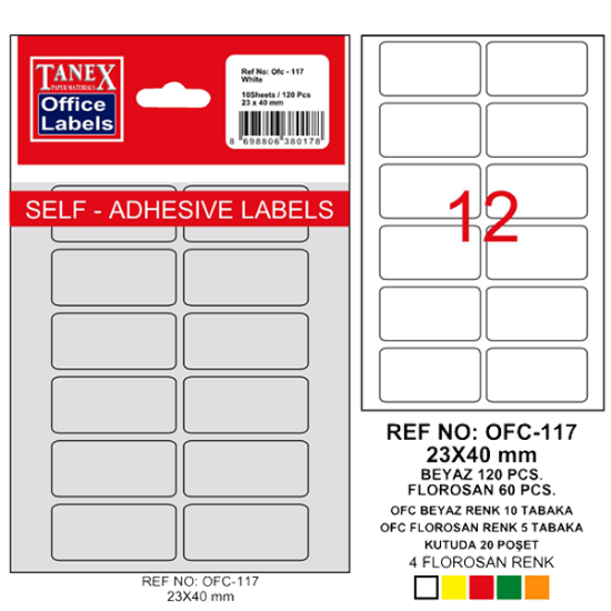 Tanex Ofis Etiketi Poşetli 23x40 MM Beyaz OFC-117 (10 Adet) resmi