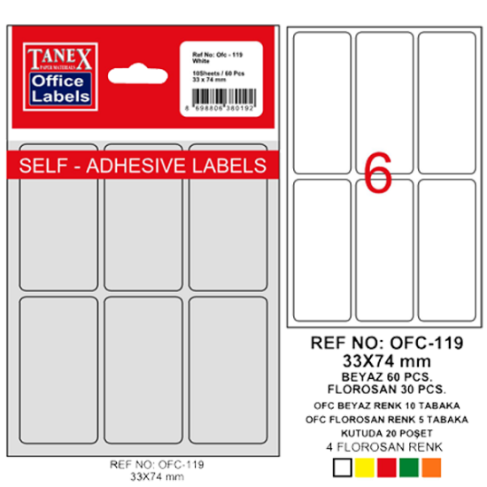 Tanex Ofis Etiketi Poşetli 33x74 MM Beyaz OFC-119 (10 Adet) resmi