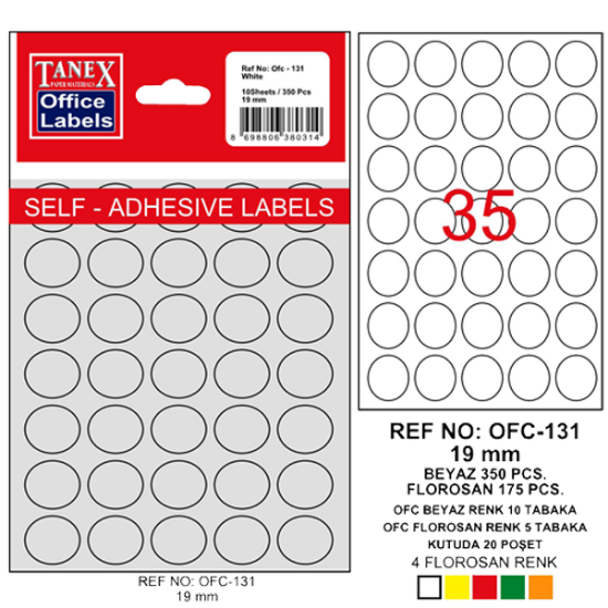 Tanex Ofis Etiketi Poşetli Yuvarlak 19 MM Beyaz OFC-131 (10 Adet) resmi