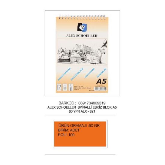 Alex Schoeller Eskiz Blok Spiralli Dikey 60 YP 90 GR A5 ALX-821 resmi