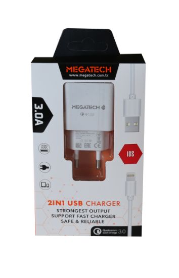 Megatech 3.0A Ev 2IN1 Ev Şarj Kafa +Iphone Şarj Kablo Hızlı Şarj resmi
