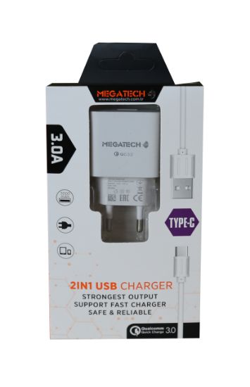 Megatech CC03(CC22-T3) 5v-3.0A Ev Şarj+Type-c Kablo Hızlı Şarj resmi