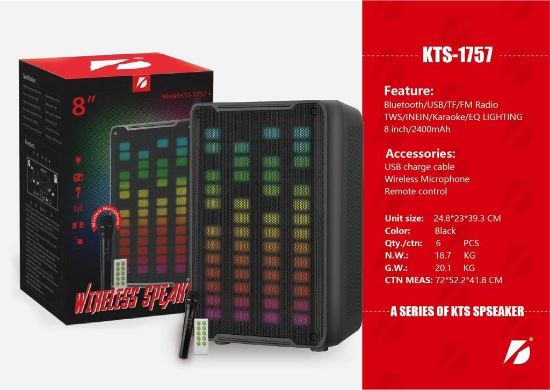 KTS-1757  8" Siyah Kablosuz Mikrofon Bluetooth/Fm/Usb Küçük El Anfisi  resmi